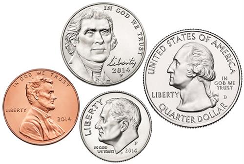 faces of quarter, nickel, penny, dime 